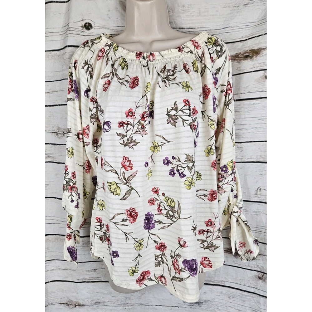 Lauren Ralph Lauren Floral Stripe Knit Top M Tie Sleeves Garden 100% Cotton